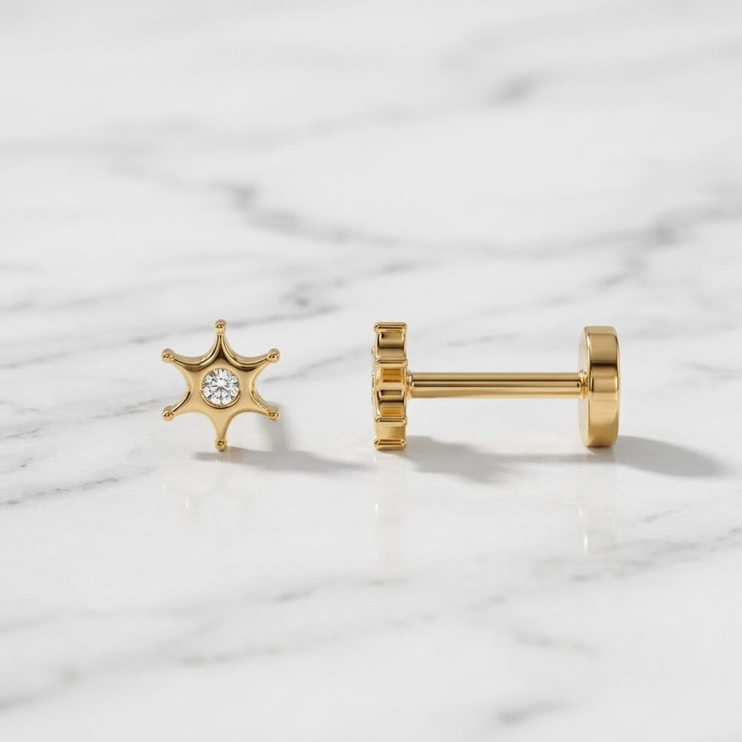 14K Solid Gold Star Flatback Stud, North Star Diamond Cartilage Earring