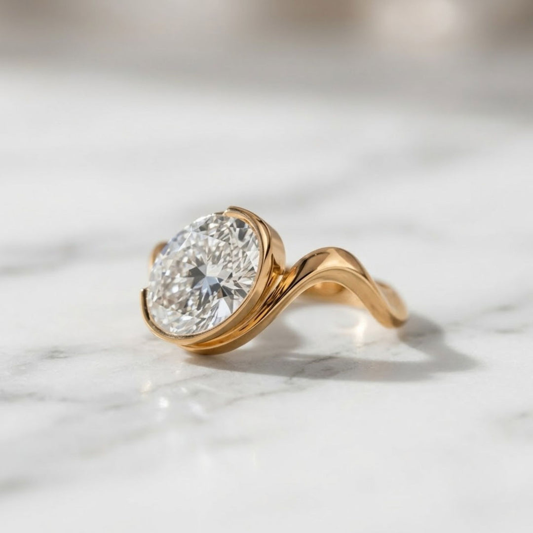 Lab Grown Oval Cut Diamond Ring, Bezel Set, 2.00 CT F+ VS+ Certified IGI Gold Engagement Ring, East West Solitaire, Luxury Jewelry