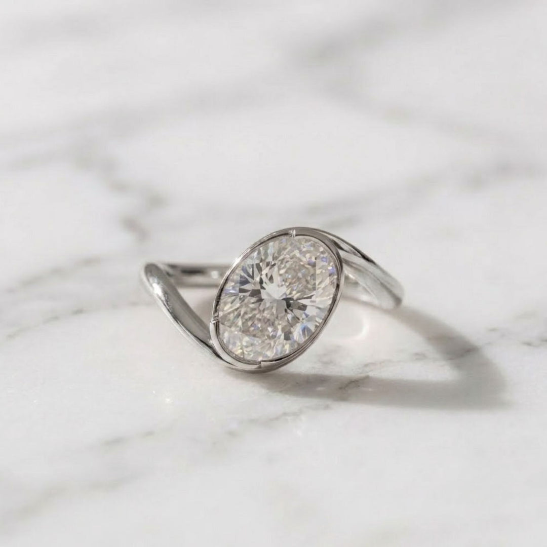 Lab Grown Oval Cut Diamond Ring, Bezel Set, 2.00 CT F+ VS+ Certified IGI Gold Engagement Ring, East West Solitaire, Luxury Jewelry