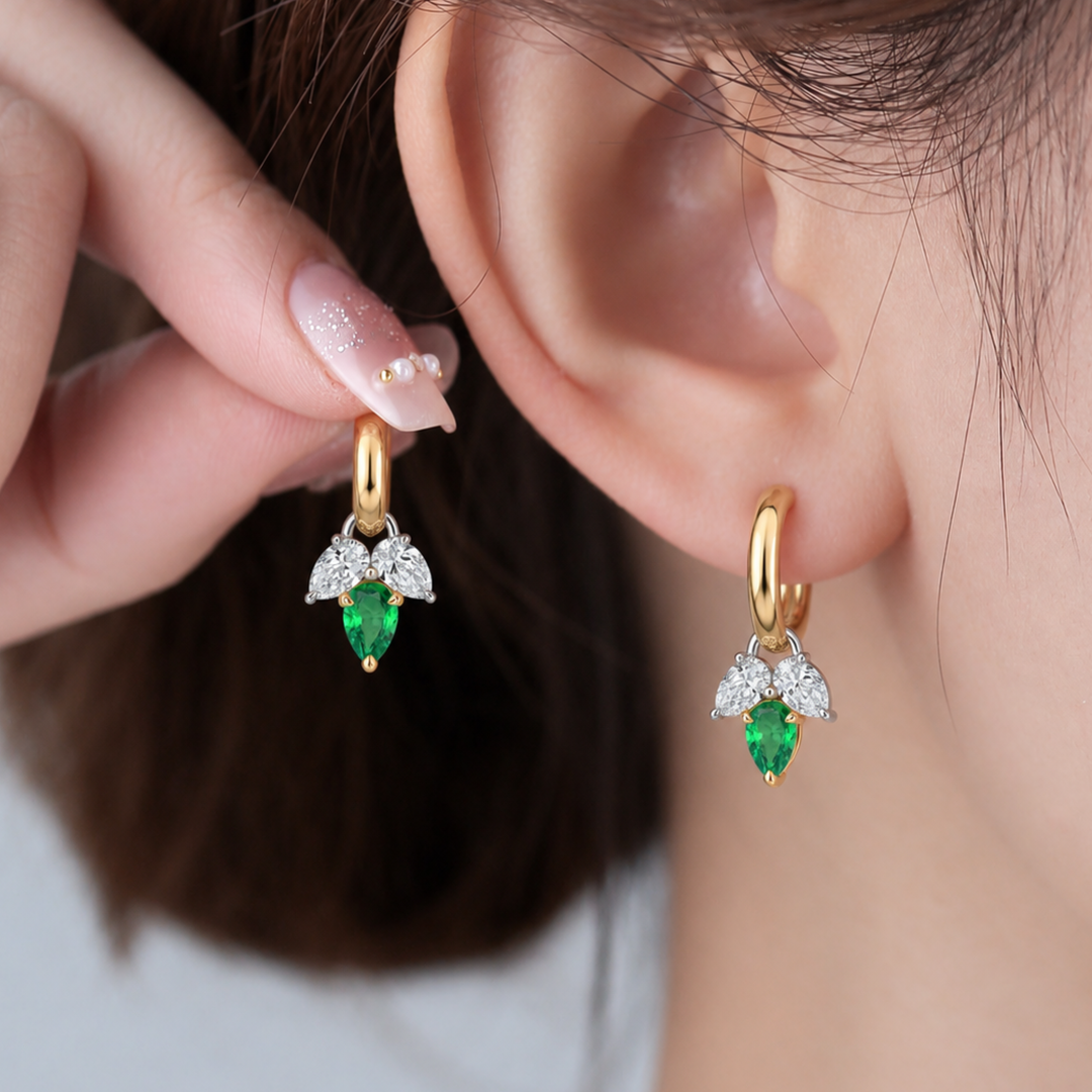 GIA Certified Natural Diamond & Emerald Two Tone Leaf Huggie Earrings | 18K Solid Gold