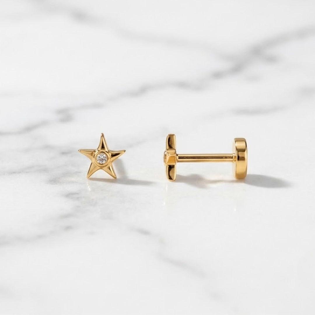 14K Solid Gold Delicate Diamond Star Cartilage Stud