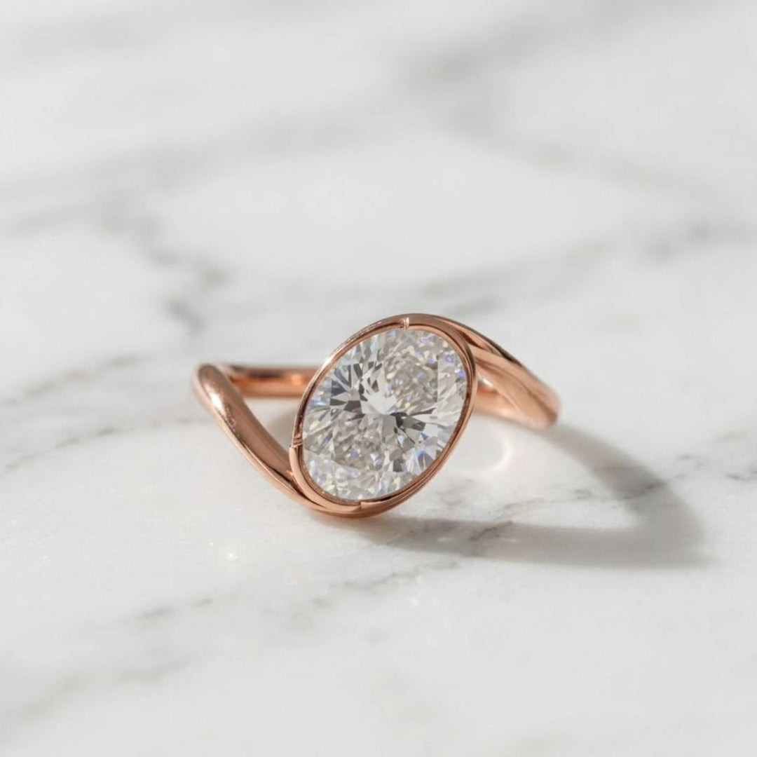Lab Grown Oval Cut Diamond Ring, Bezel Set, 2.00 CT F+ VS+ Certified IGI Gold Engagement Ring, East West Solitaire, Luxury Jewelry