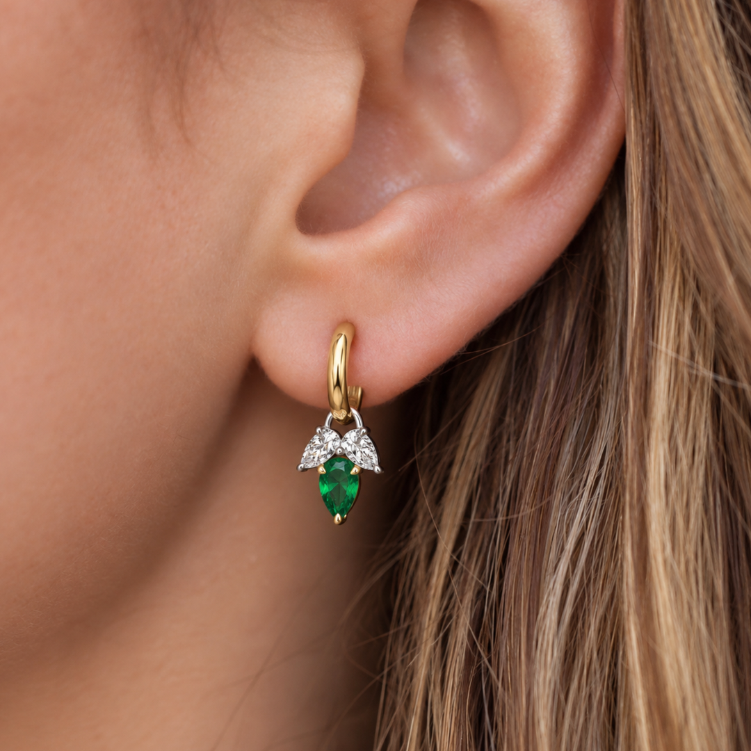 GIA Certified Natural Diamond & Emerald Two Tone Leaf Huggie Earrings | 18K Solid Gold