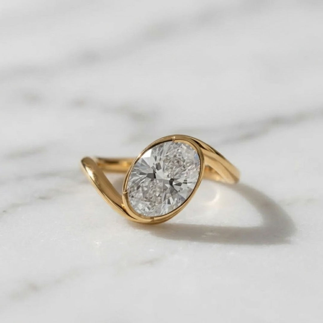 Lab Grown Oval Cut Diamond Ring, Bezel Set, 2.00 CT F+ VS+ Certified IGI Gold Engagement Ring, East West Solitaire, Luxury Jewelry