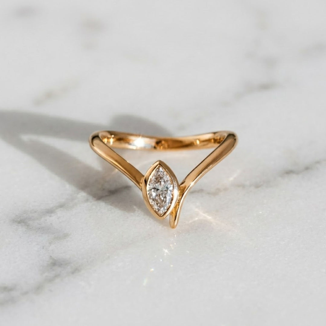 Lab Grown Diamond Marquise Ring, Bezel Set 0.45 CT, Dainty Gold V Shape Ring, Minimalist Stackable Jewelry, Gift for Her
