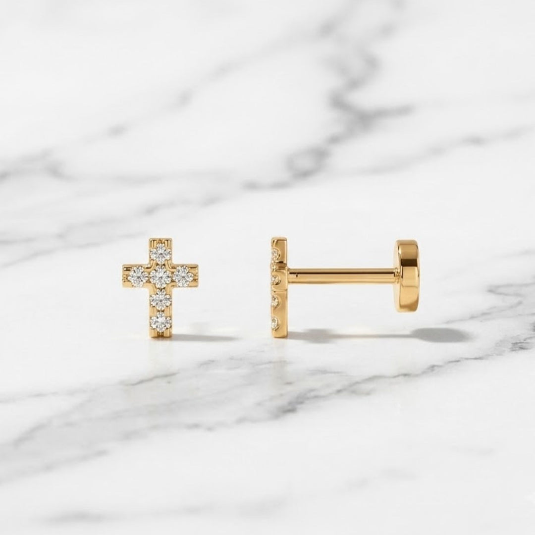 14K Solid Gold Diamond Cross Flat Back Earring