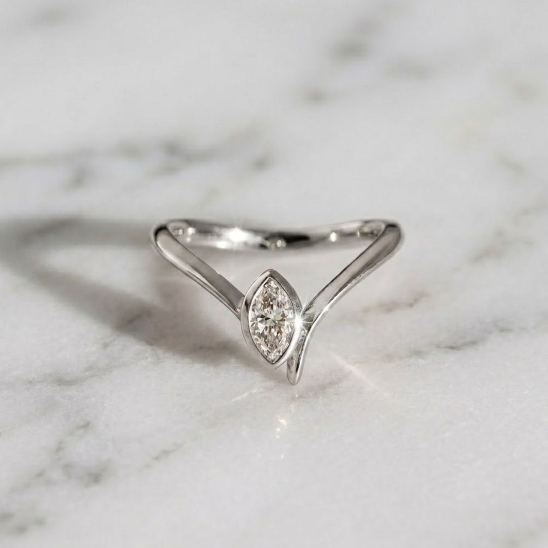 Lab Grown Diamond Marquise Ring, Bezel Set 0.45 CT, Dainty Gold V Shape Ring, Minimalist Stackable Jewelry, Gift for Her