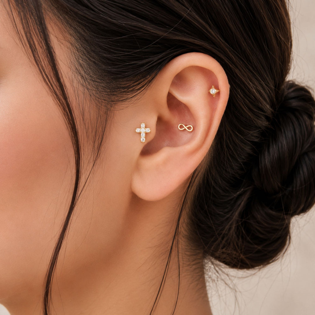14K Solid Gold Diamond Cross Flat Back Earring