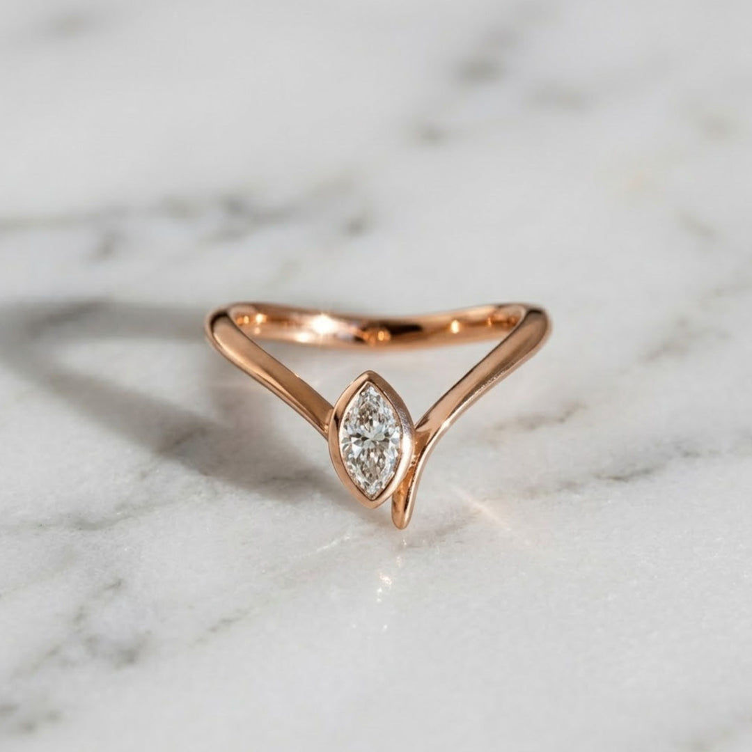 Lab Grown Diamond Marquise Ring, Bezel Set 0.45 CT, Dainty Gold V Shape Ring, Minimalist Stackable Jewelry, Gift for Her