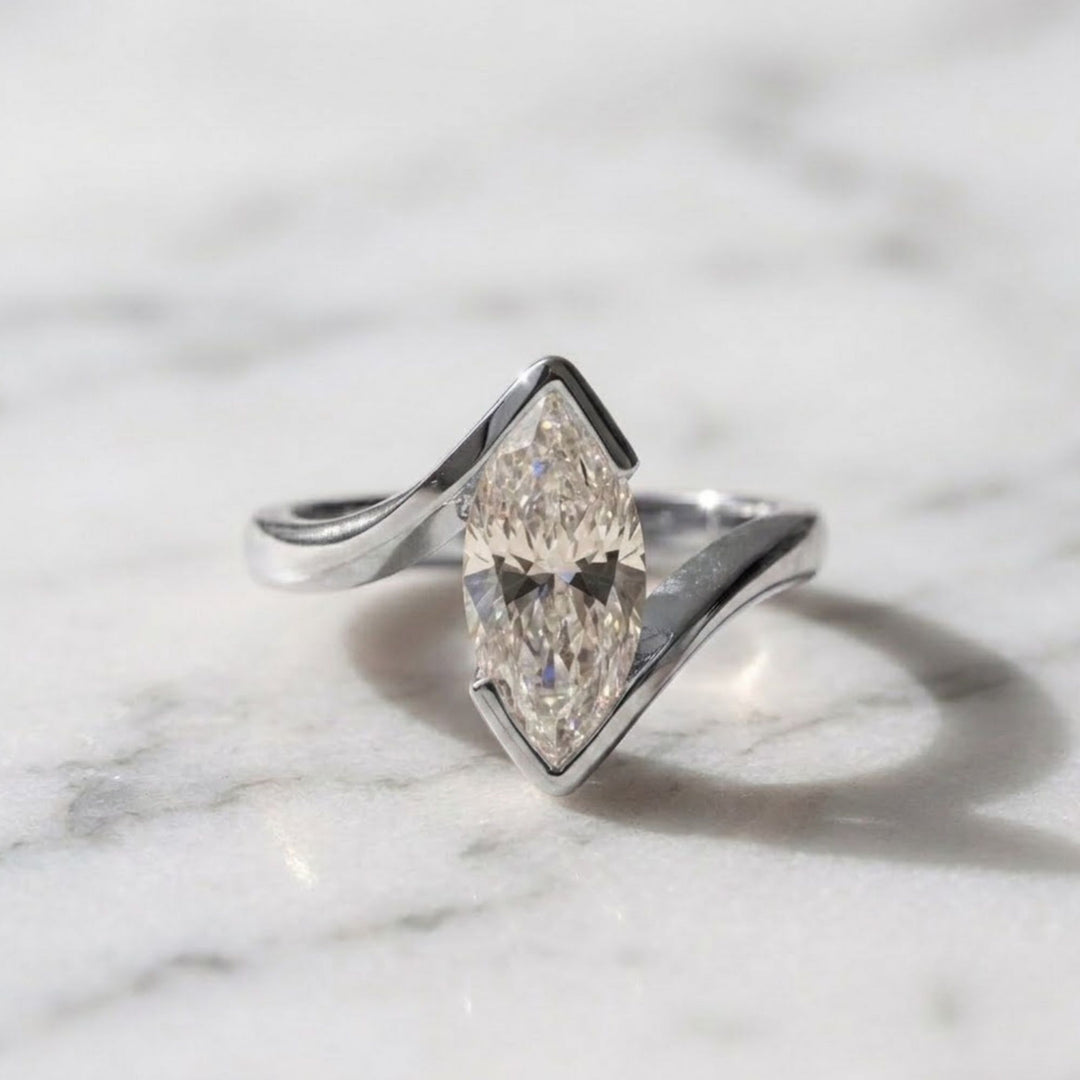 Lab Grown Marquise Diamond Ring, 2.00ct White F+ VS+ Certified, 9K & 14K Gold Bypass Engagement or Anniversary Gift, Modern Swirl Design