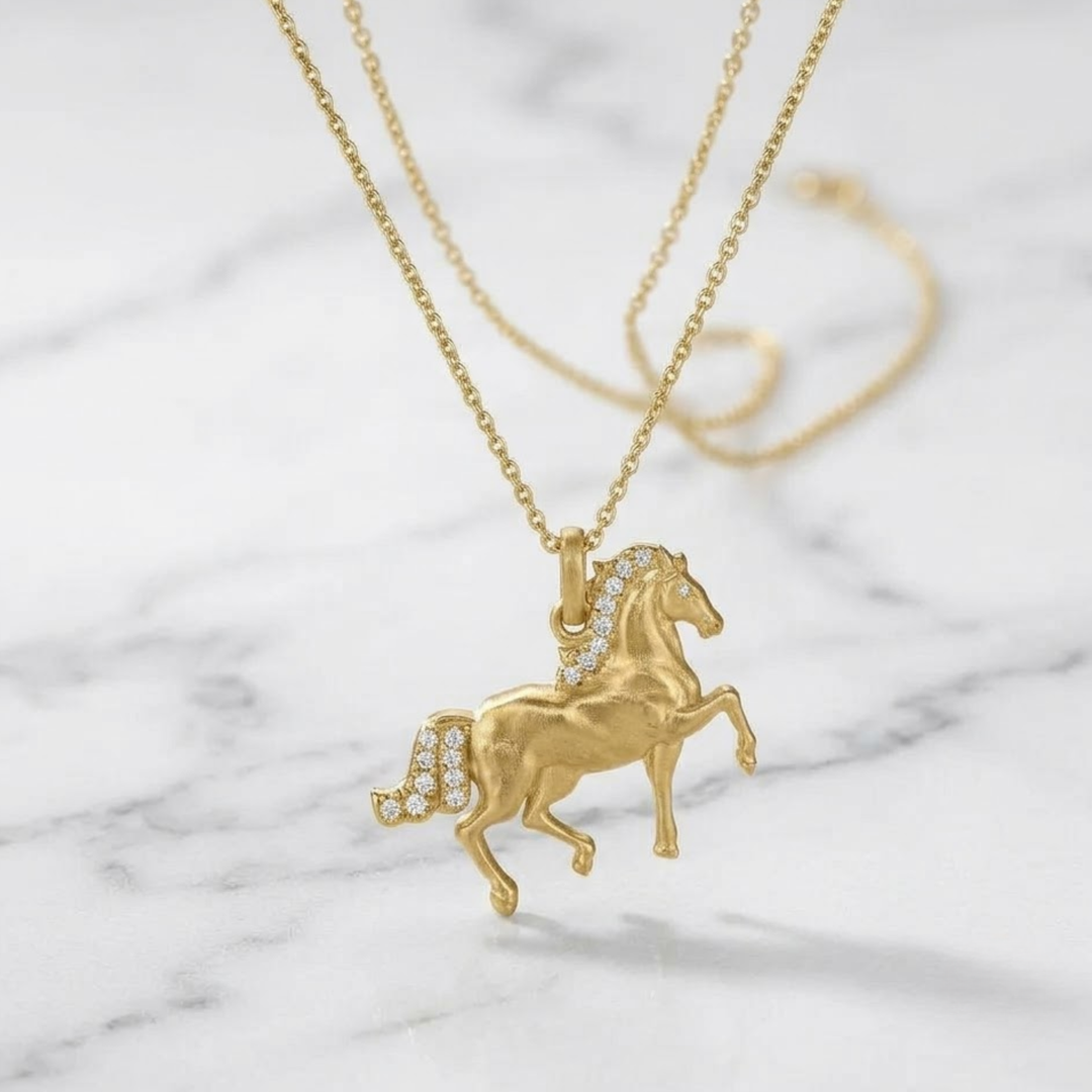 Natural Diamond Horse Pendant Necklace | 18K Solid Gold | GIA Certified