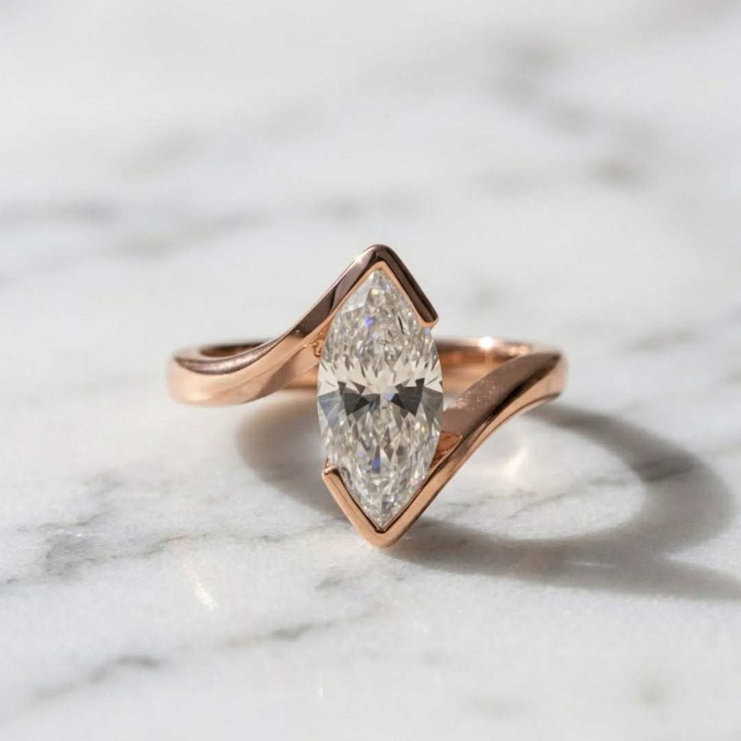 Lab Grown Marquise Diamond Ring, 2.00ct White F+ VS+ Certified, 9K & 14K Gold Bypass Engagement or Anniversary Gift, Modern Swirl Design