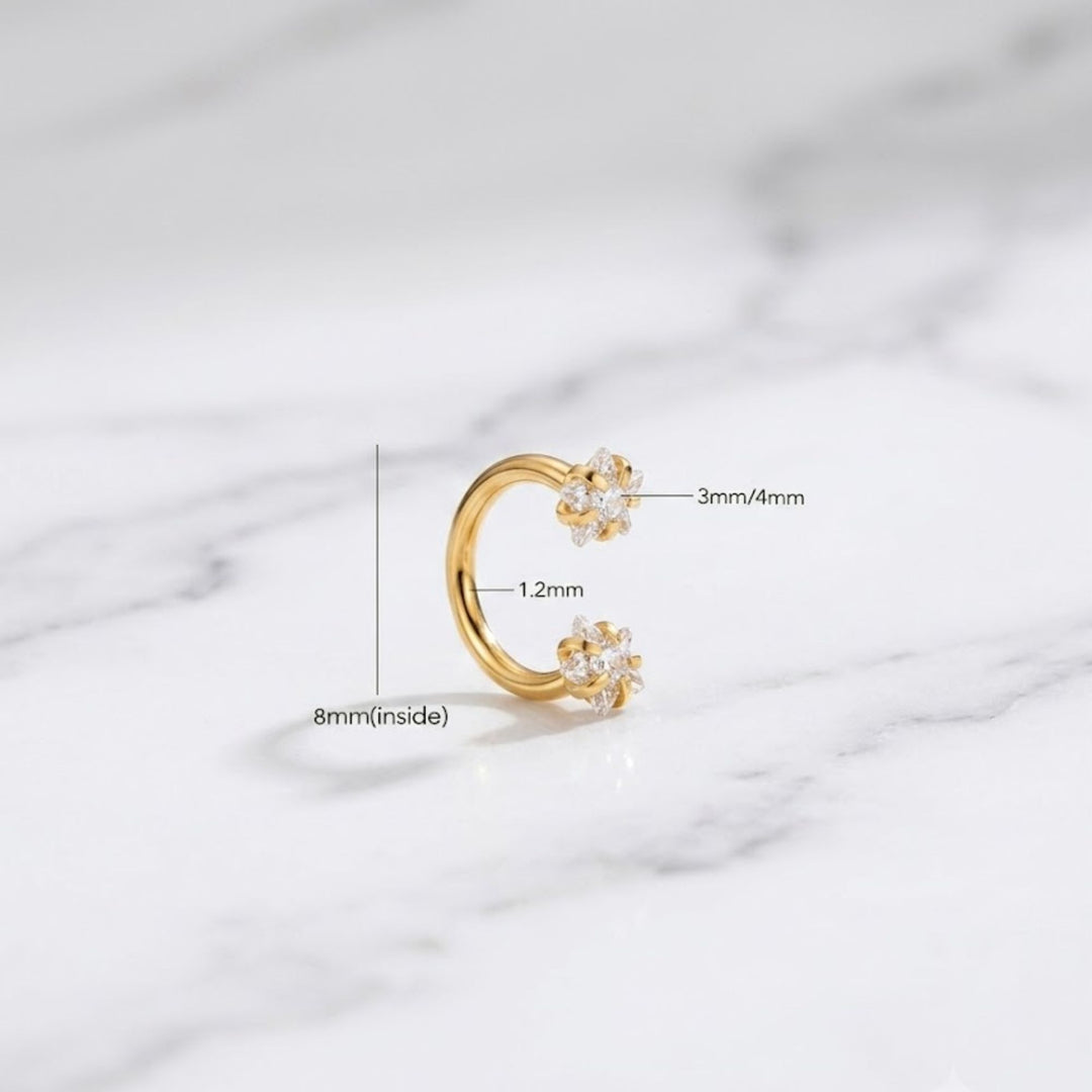 14K Solid Gold Flower Open Huggie Hoop, Diamond Starburst Cartilage Earring, Helix Daith Conch Piercing, Celestial Gift, Cartilage Hoop Gold
