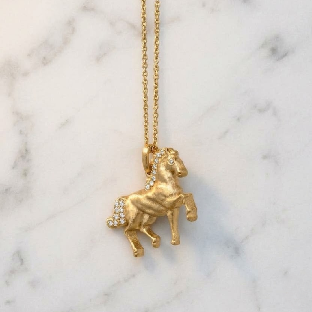 Natural Diamond Horse Pendant Necklace | 18K Solid Gold | GIA Certified