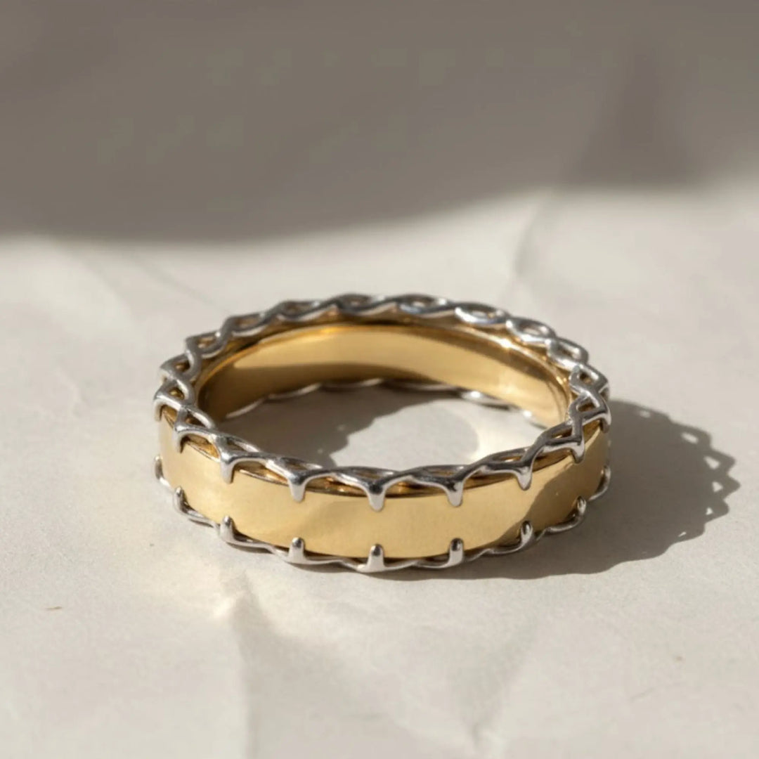 Stitched Gold Ring, 14k Yellow & White Gold Wedding Band, Simple Stackable Ring, Designer Gold Ring, Gift for Her, Modern Chain Edge Jewelry Jwalin Jewels