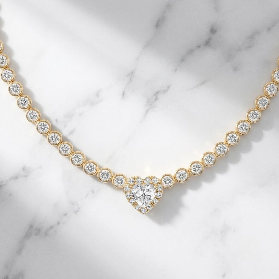 14K Solid Gold Diamond Bezel Heart Center Tennis Necklace