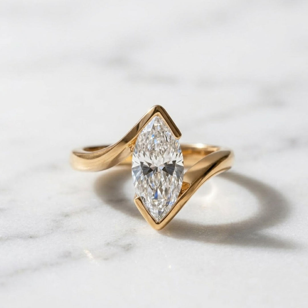 Lab Grown Marquise Diamond Ring, 2.00ct White F+ VS+ Certified, 9K & 14K Gold Bypass Engagement or Anniversary Gift, Modern Swirl Design