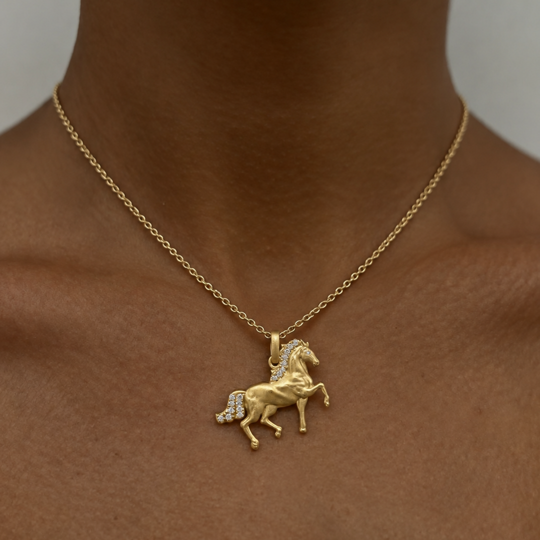 Natural Diamond Horse Pendant Necklace | 18K Solid Gold | GIA Certified