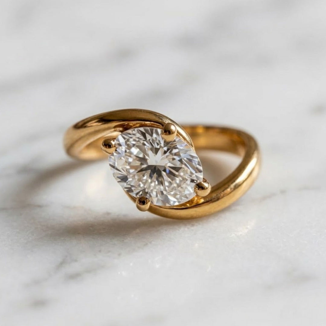 Lab Grown Diamond Ring, 2.00ct Oval Cut, 9K & 14K Gold, Prong Setting, Engagement, Solitaire, Modern Bypass Design, VS+ Clarity, F+ Color