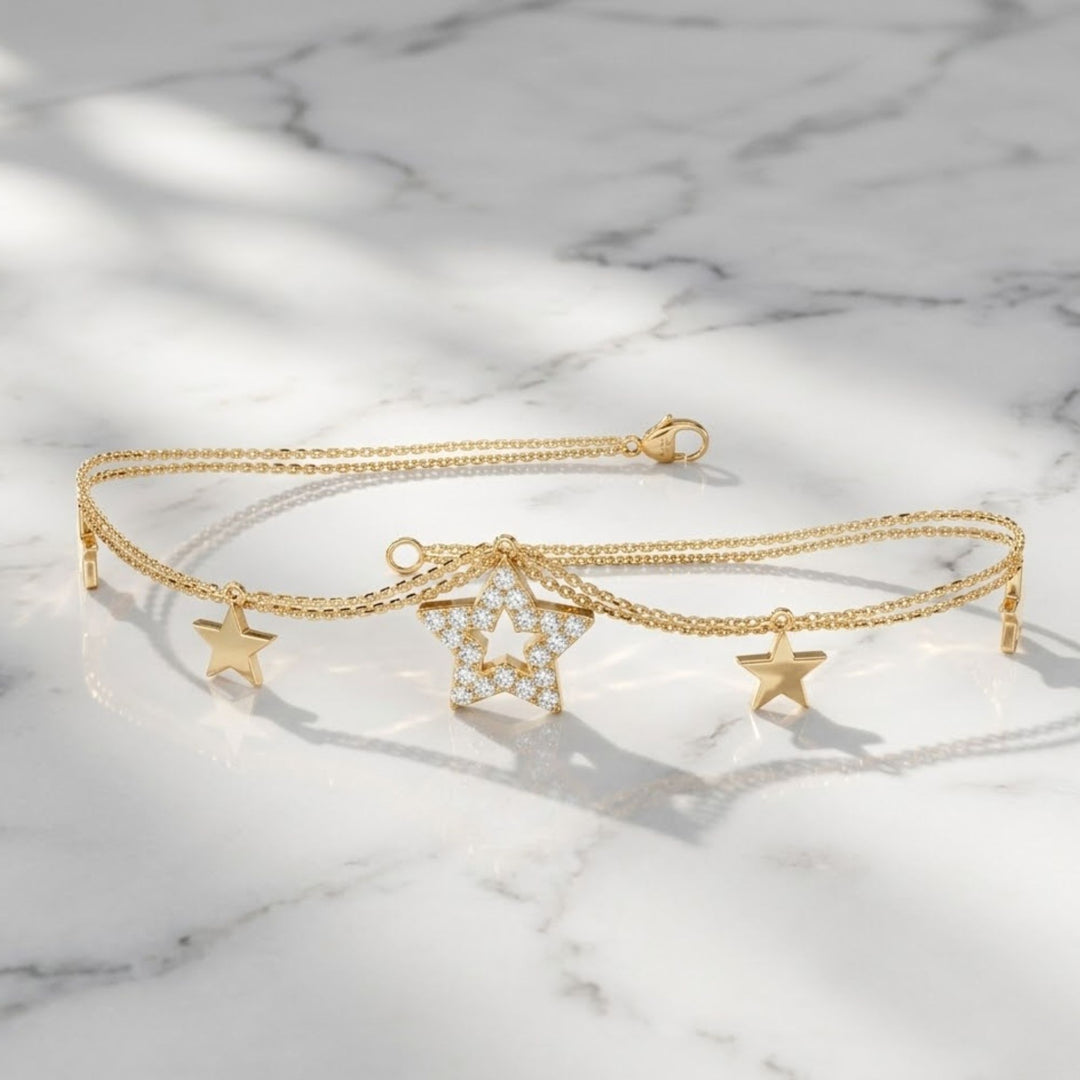 Gold Star Charm Bracelet | Celestial Lab Grown Diamond Double Chain Bracelet | Dainty Gold Jewelry | Gift for Her | 14K Solid Gold Bracelet