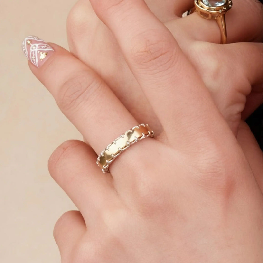 Stitched Gold Ring, 14k Yellow & White Gold Wedding Band, Simple Stackable Ring, Designer Gold Ring, Gift for Her, Modern Chain Edge Jewelry Jwalin Jewels