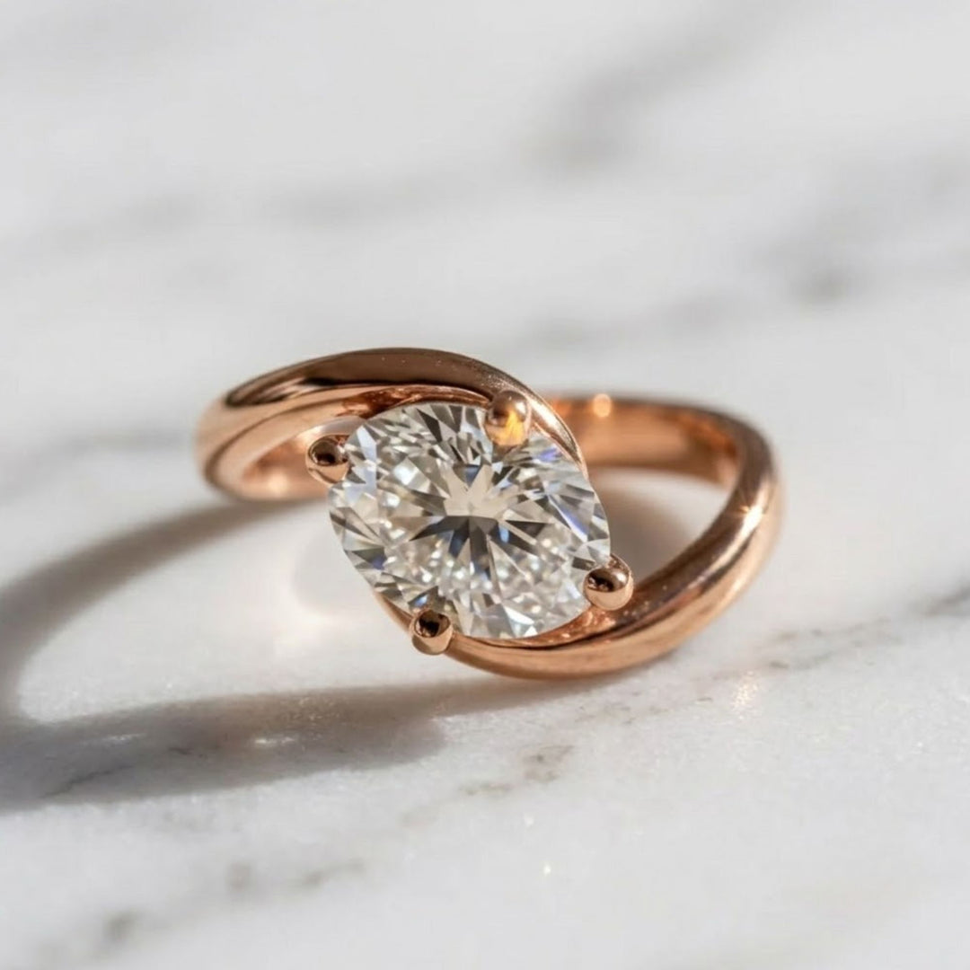 Lab Grown Diamond Ring, 2.00ct Oval Cut, 9K & 14K Gold, Prong Setting, Engagement, Solitaire, Modern Bypass Design, VS+ Clarity, F+ Color