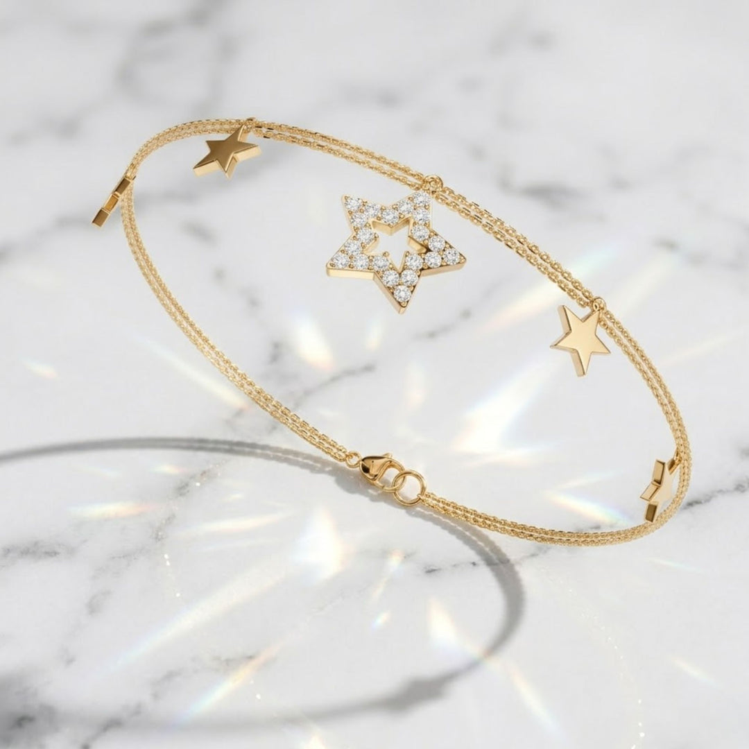 Gold Star Charm Bracelet | Celestial Lab Grown Diamond Double Chain Bracelet | Dainty Gold Jewelry | Gift for Her | 14K Solid Gold Bracelet