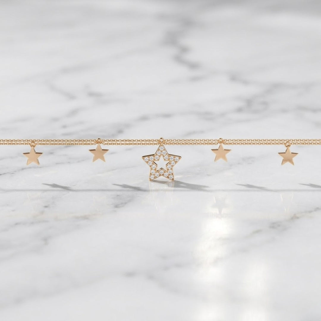 Gold Star Charm Bracelet | Celestial Lab Grown Diamond Double Chain Bracelet | Dainty Gold Jewelry | Gift for Her | 14K Solid Gold Bracelet