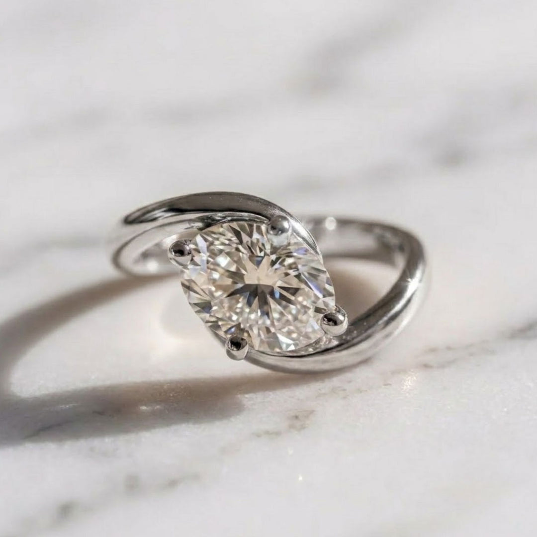 Lab Grown Diamond Ring, 2.00ct Oval Cut, 9K & 14K Gold, Prong Setting, Engagement, Solitaire, Modern Bypass Design, VS+ Clarity, F+ Color