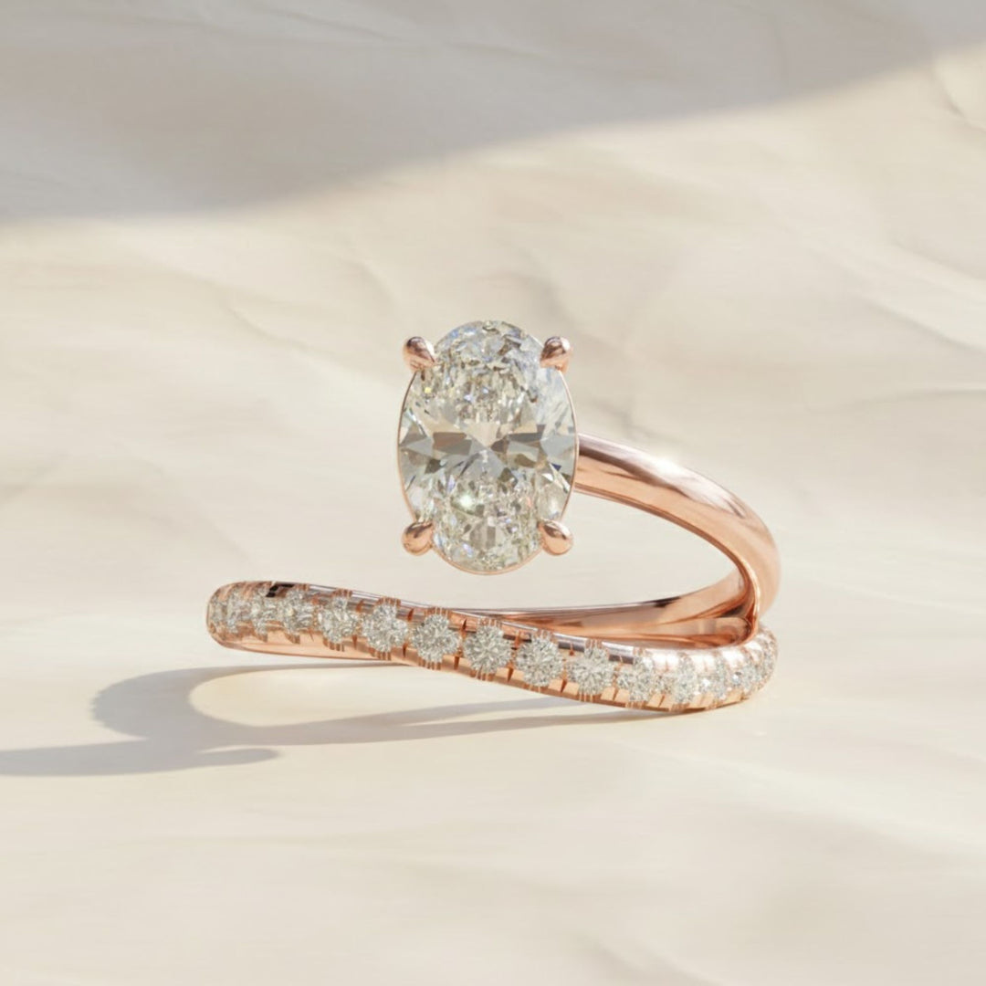 Lab Grown Oval & Round Diamond Engagement Ring, 14K Solid Gold, Bypass Style, Certified, Women's Wedding or Promise Ring