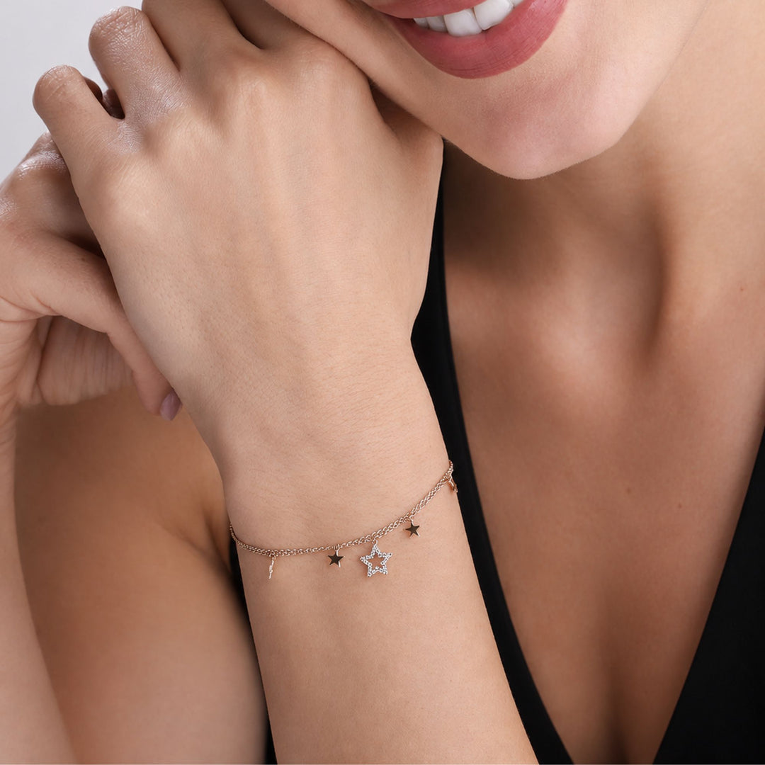 Gold Star Charm Bracelet | Celestial Lab Grown Diamond Double Chain Bracelet | Dainty Gold Jewelry | Gift for Her | 14K Solid Gold Bracelet