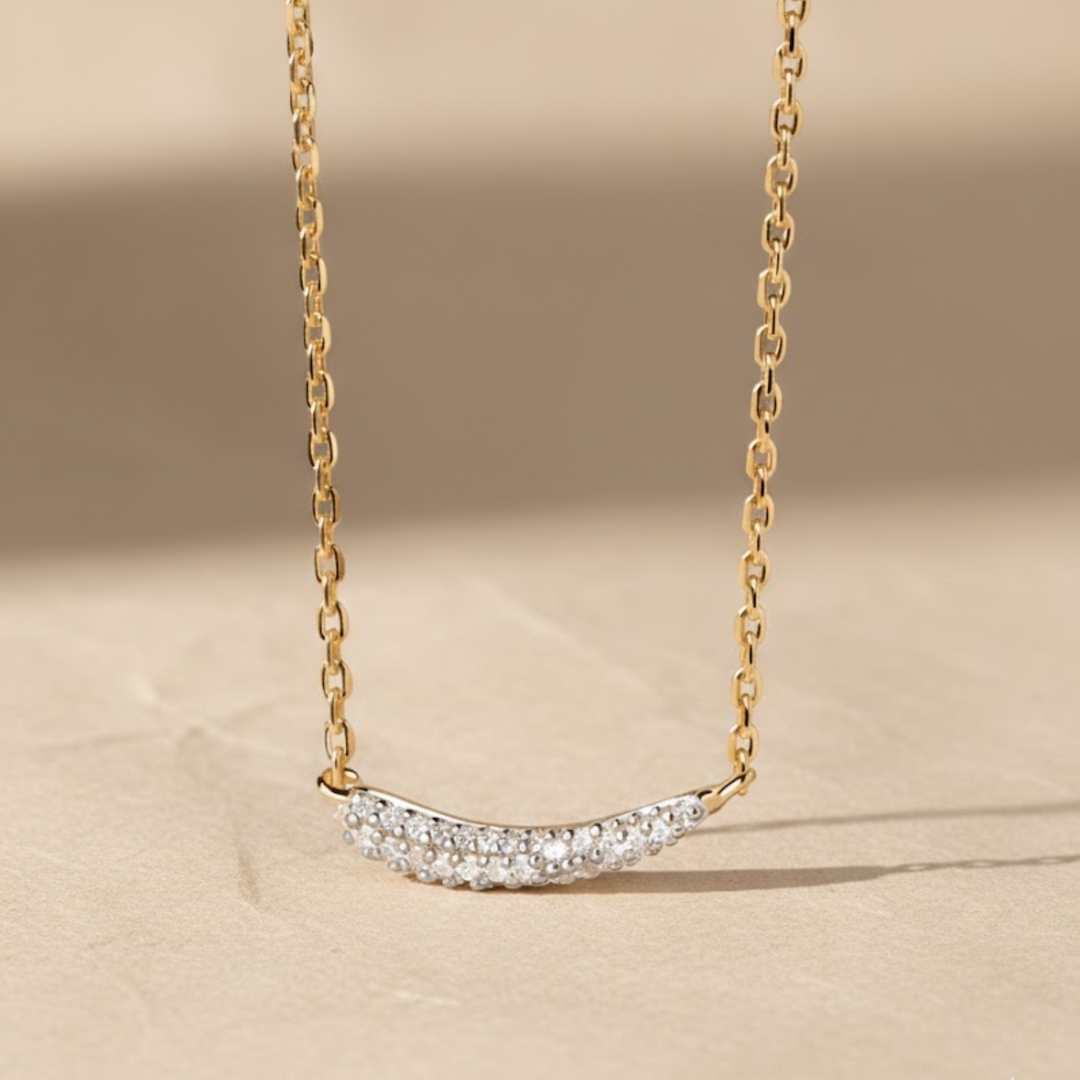 Minimalist Diamond Bar Necklace | Lab Diamond Curved Bar Gold Necklace | Dainty Everyday Jewelry Gift for Her
