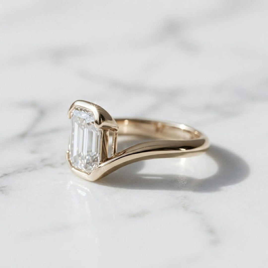 Lab Grown Emerald Cut Diamond Ring, 2.00ct F+ VS+ Certified Bezel Set Gold Band,Romantic Anniversary Gift for Wife, Modern Women's Gold Ring