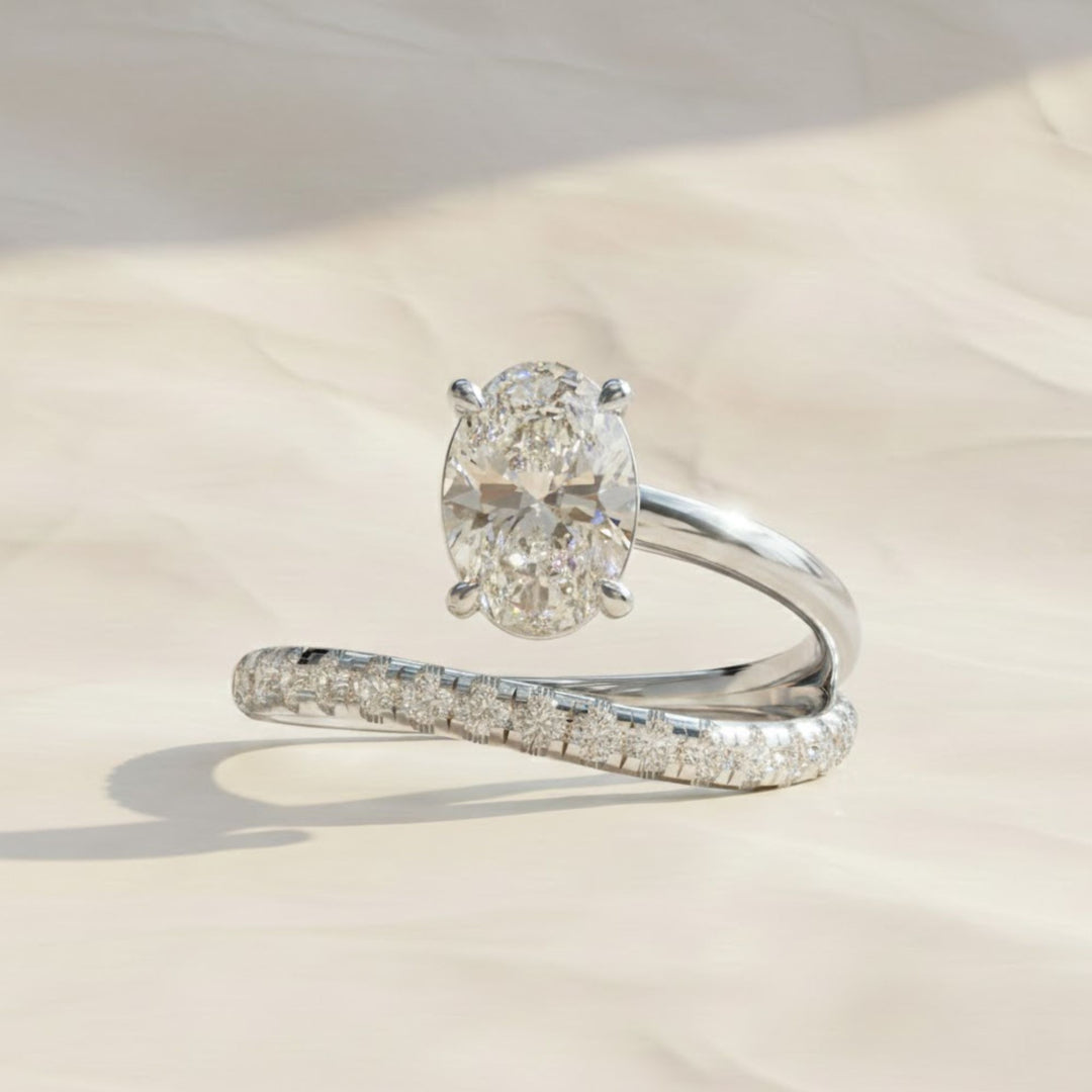 Lab Grown Oval & Round Diamond Engagement Ring, 14K Solid Gold, Bypass Style, Certified, Women's Wedding or Promise Ring