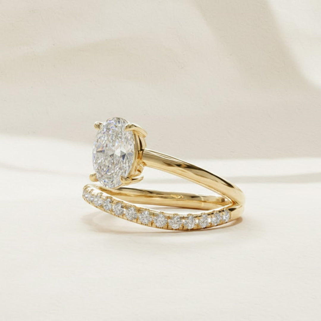 Lab Grown Oval & Round Diamond Engagement Ring, 14K Solid Gold, Bypass Style, Certified, Women's Wedding or Promise Ring