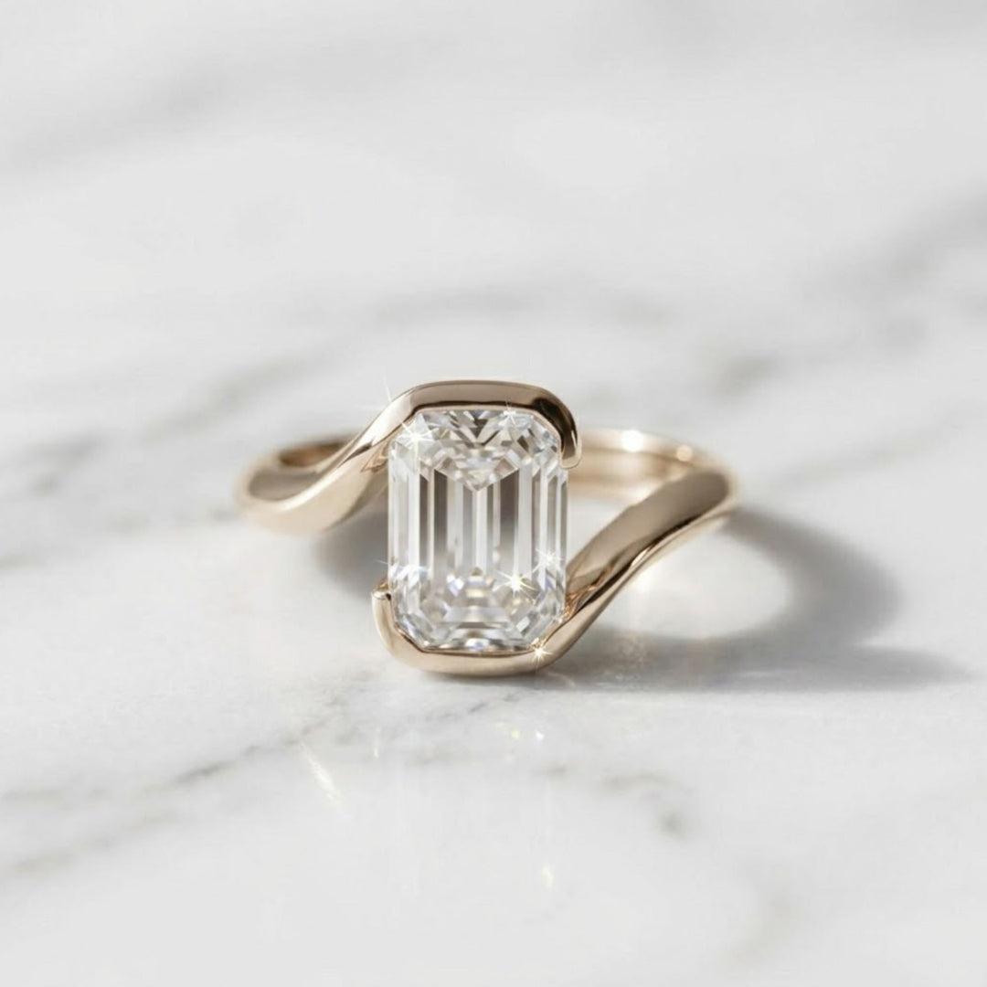 Lab Grown Emerald Cut Diamond Ring, 2.00ct F+ VS+ Certified Bezel Set Gold Band,Romantic Anniversary Gift for Wife, Modern Women's Gold Ring