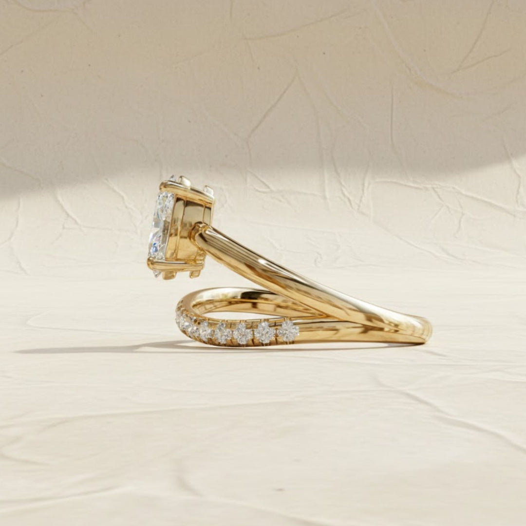 Lab Grown Oval & Round Diamond Engagement Ring, 14K Solid Gold, Bypass Style, Certified, Women's Wedding or Promise Ring