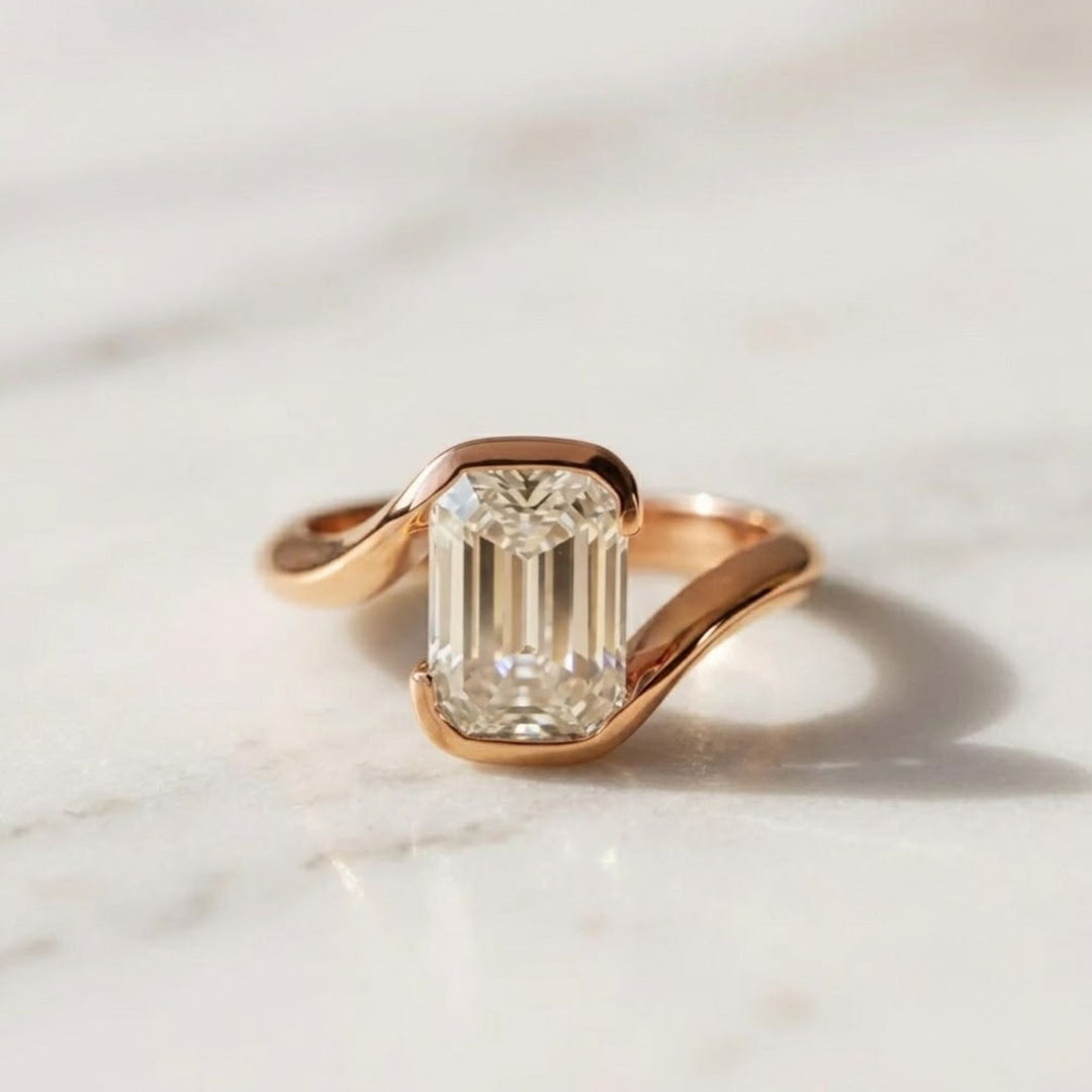 Lab Grown Emerald Cut Diamond Ring, 2.00ct F+ VS+ Certified Bezel Set Gold Band,Romantic Anniversary Gift for Wife, Modern Women's Gold Ring