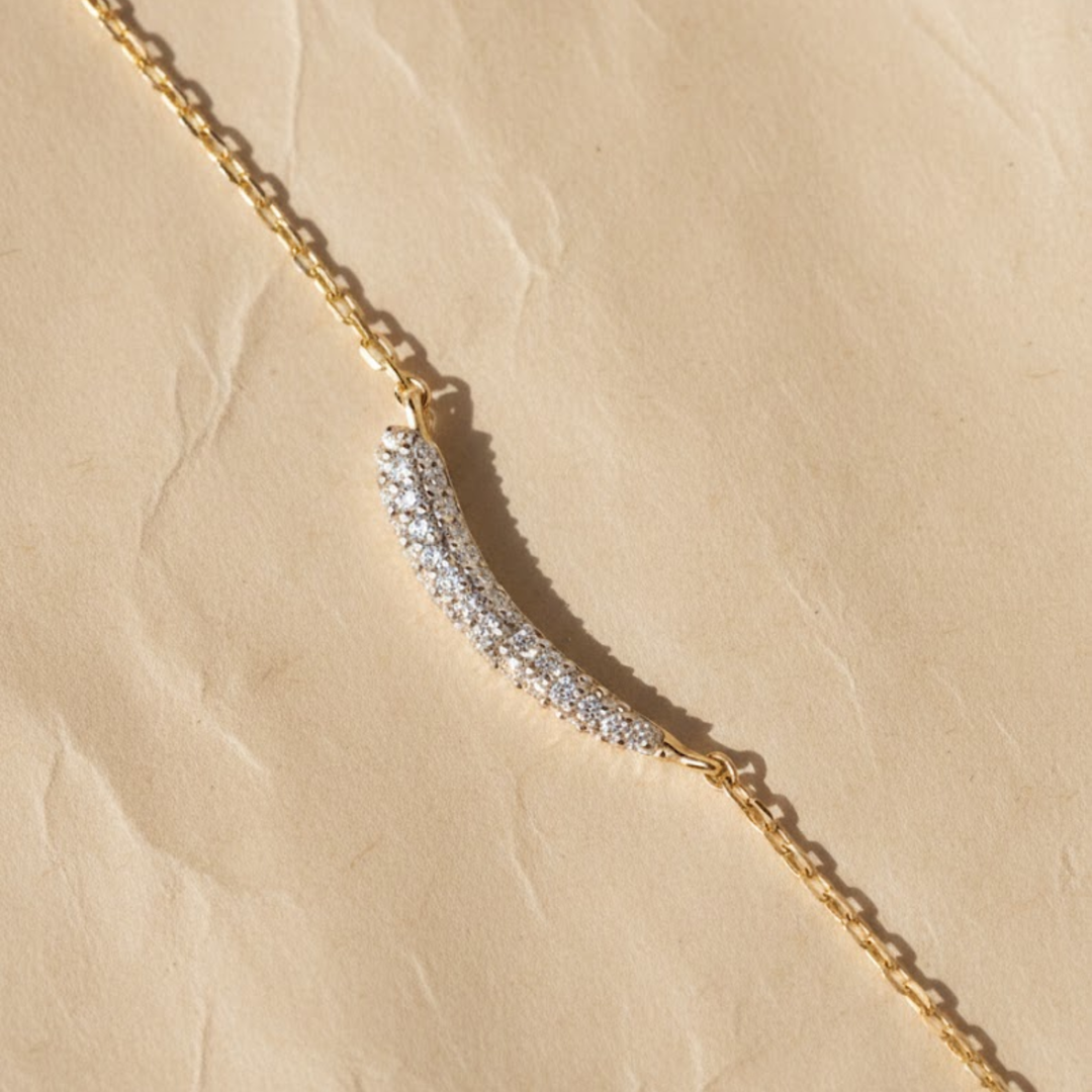 Minimalist Diamond Bar Necklace | Lab Diamond Curved Bar Gold Necklace | Dainty Everyday Jewelry Gift for Her