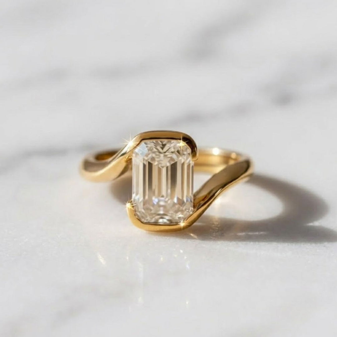 Lab Grown Emerald Cut Diamond Ring, 2.00ct F+ VS+ Certified Bezel Set Gold Band,Romantic Anniversary Gift for Wife, Modern Women's Gold Ring