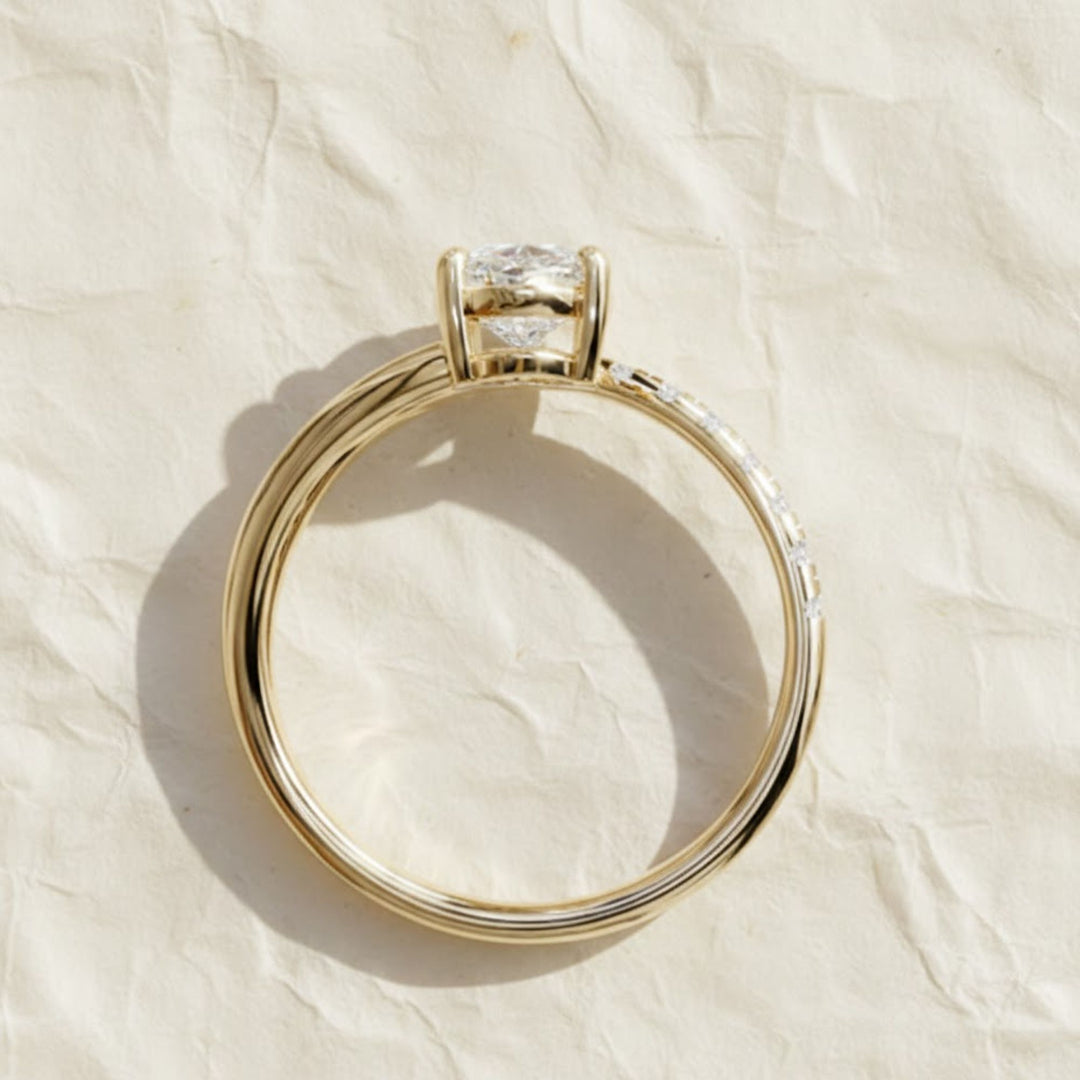 Lab Grown Oval & Round Diamond Engagement Ring, 14K Solid Gold, Bypass Style, Certified, Women's Wedding or Promise Ring