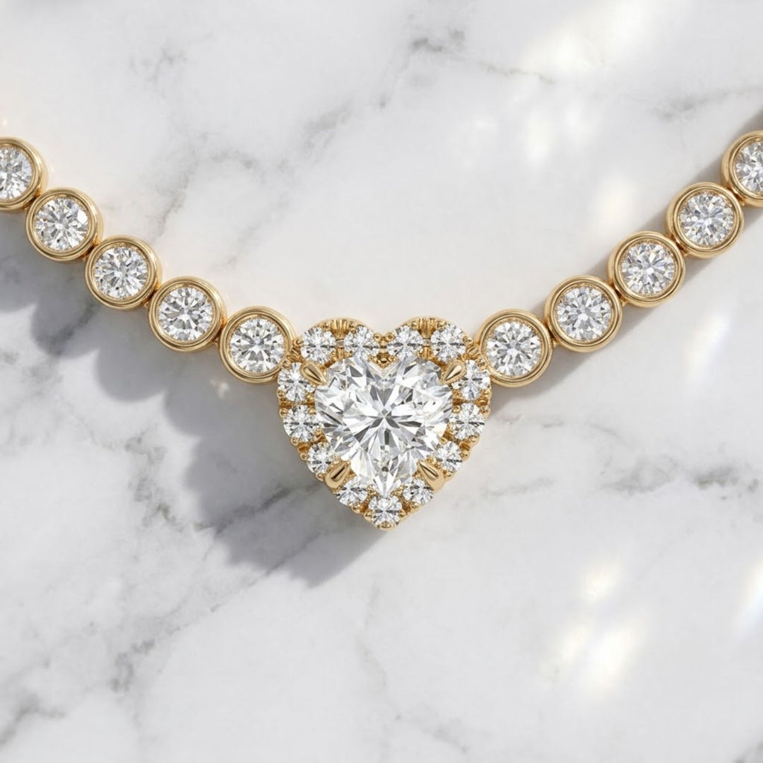 14K Solid Gold Diamond Bezel Heart Center Tennis Necklace