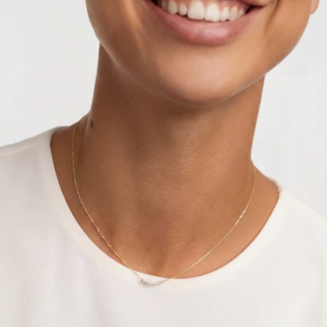 Minimalist Diamond Bar Necklace | Lab Diamond Curved Bar Gold Necklace | Dainty Everyday Jewelry Gift for Her