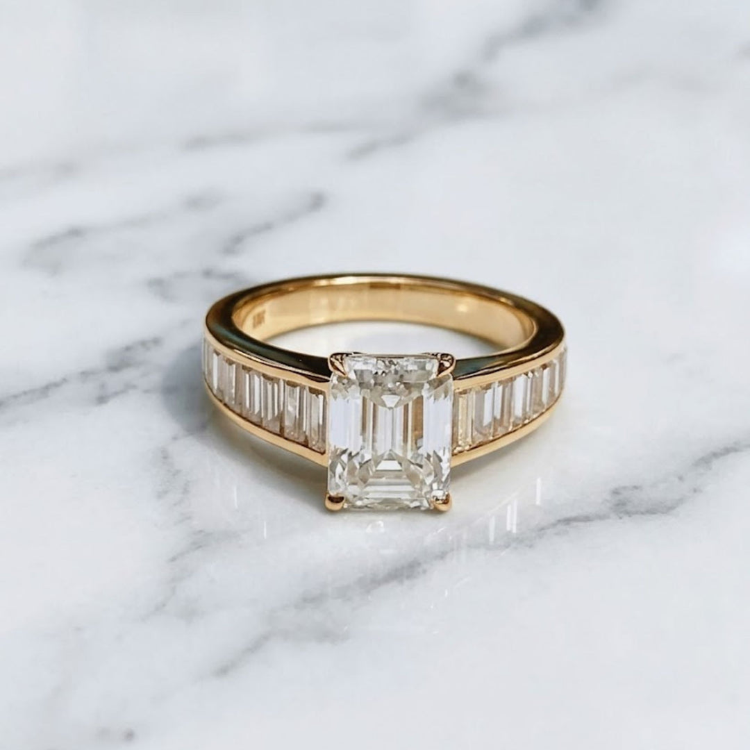 Bold Emerald Cut Bridal Ring, Gold Channel Baguette Band, Wide Shoulder Statement Ring, Anniversary Gift Her, Art Deco Ring, Wide Band Ring