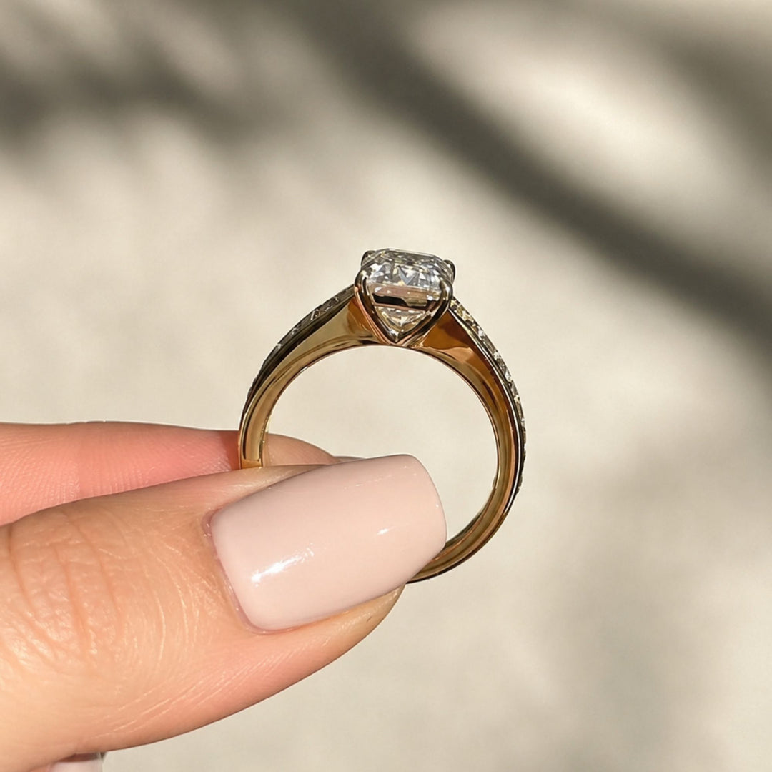 Bold Emerald Cut Bridal Ring, Gold Channel Baguette Band, Wide Shoulder Statement Ring, Anniversary Gift Her, Art Deco Ring, Wide Band Ring