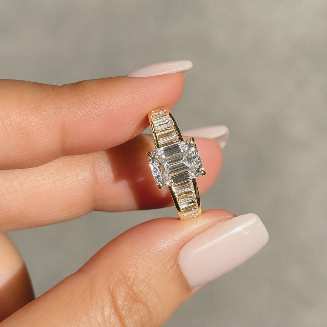 Bold Emerald Cut Bridal Ring, Gold Channel Baguette Band, Wide Shoulder Statement Ring, Anniversary Gift Her, Art Deco Ring, Wide Band Ring