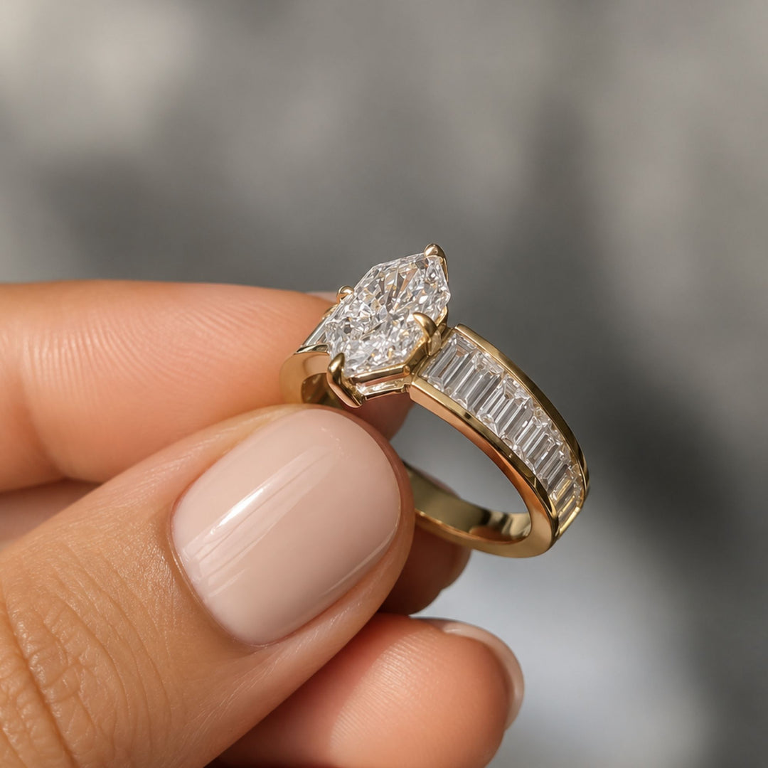 Marquise Cut 14K Gold Ring, Channel Baguette Shoulder Band, Bold Bridal Statement Ring, Lab Grown Diamond Anniversary Gift, Art Deco Ring