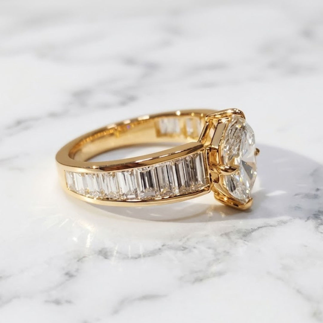 Marquise Cut 14K Gold Ring, Channel Baguette Shoulder Band, Bold Bridal Statement Ring, Lab Grown Diamond Anniversary Gift, Art Deco Ring