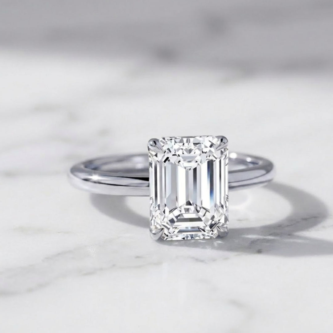 1.00 ct Emerald Cut Lab Grown Diamond Engagement Ring, Minimalist 14k Gold Classic Setting