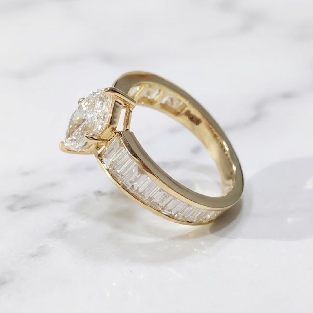 Marquise Cut 14K Gold Ring, Channel Baguette Shoulder Band, Bold Bridal Statement Ring, Lab Grown Diamond Anniversary Gift, Art Deco Ring